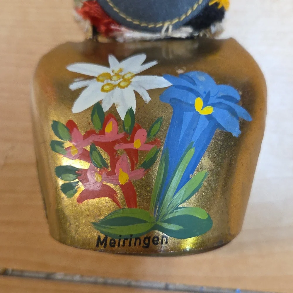 Vintage Swiss Cow Bell W Enamel Shield Emblem Brass‎ Cow Switzerland